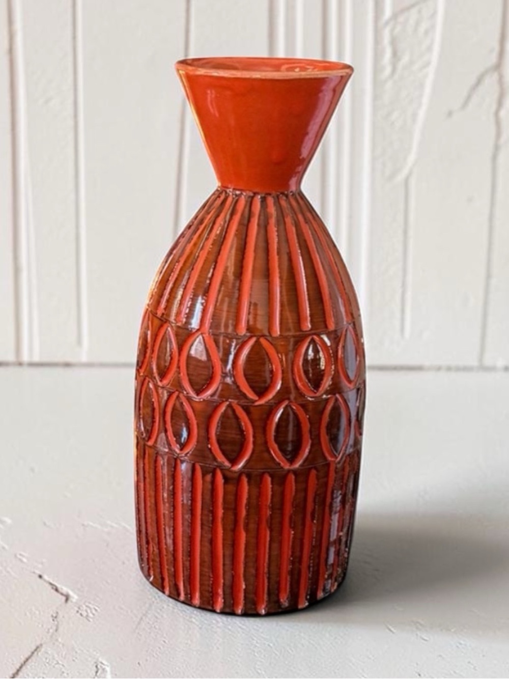 Mid‑Century Modern Italian Textured Ceramic Vase – Deep Orange & Black Glaze